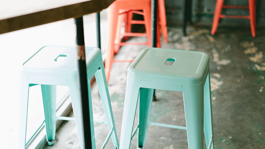 two teal plastic stools, seat, interior, turquoise, blue, chair HD wallpaper