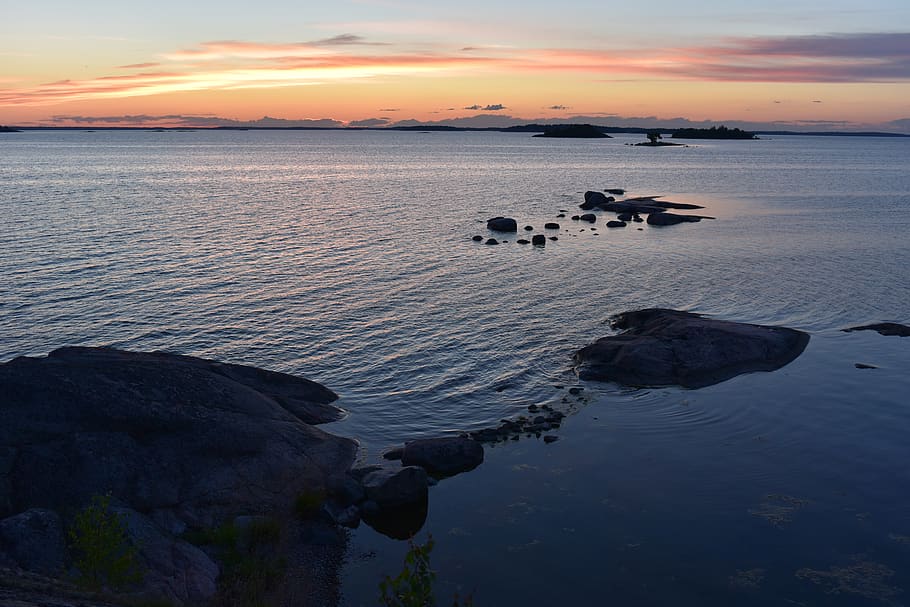 stockholm, archipelago, solar, sweden, sea, summer, sunset, HD wallpaper