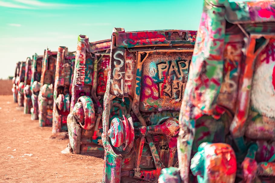 multicolored containers, art and craft, sky, day, creativity HD wallpaper