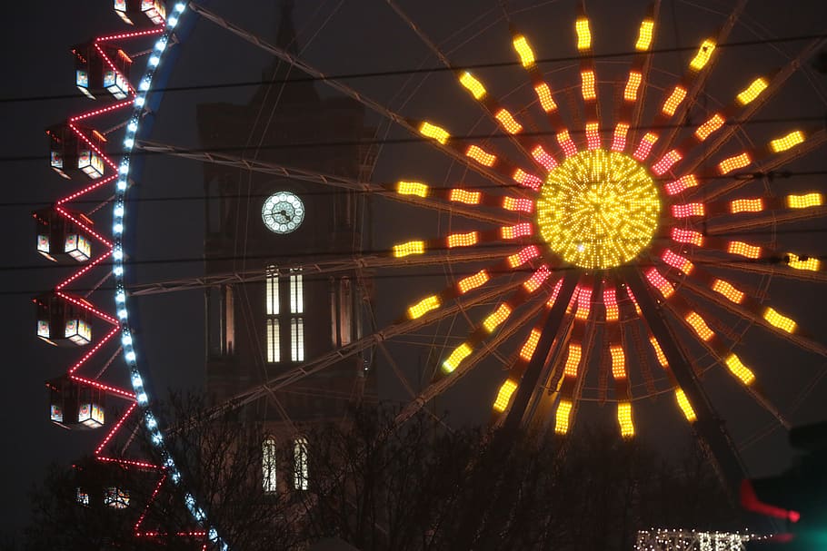 ferris wheel with lights, illuminated, architecture, built structure HD wallpaper