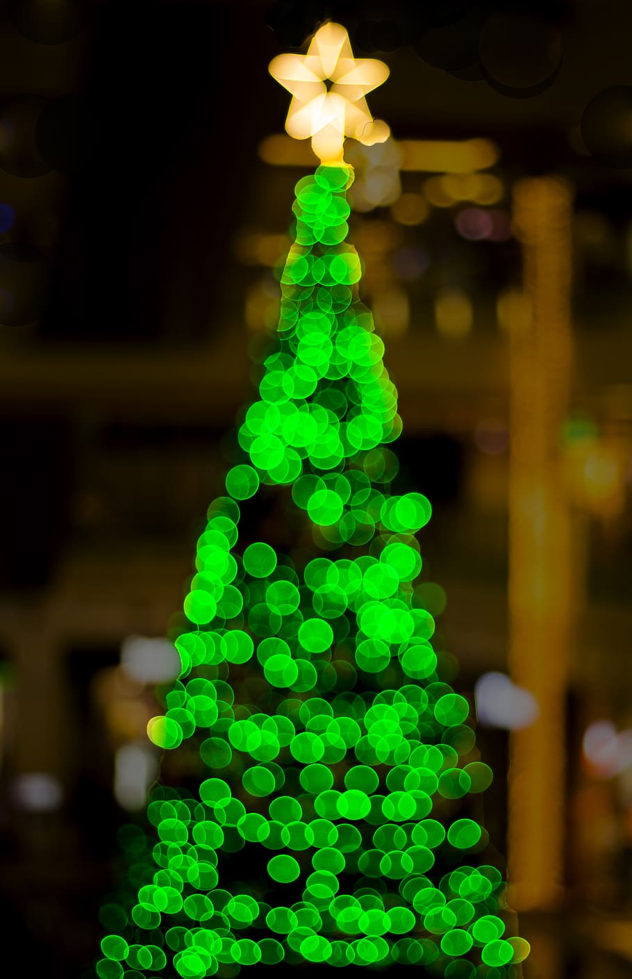 green Christmas tree, christmas light, december, xma, bokeh, illuminated HD wallpaper
