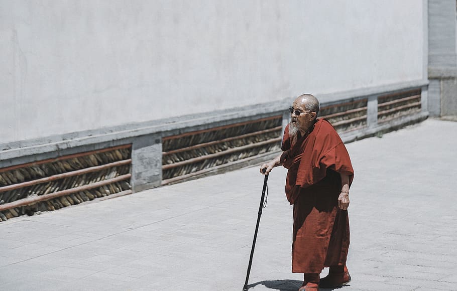 monk walking while holding cane near white wall, man, elderly HD wallpaper