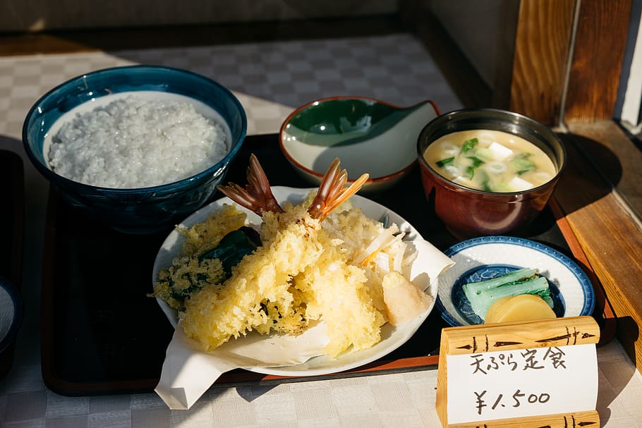 tempura set, food and drink, freshness, ready-to-eat, table, bowl HD wallpaper