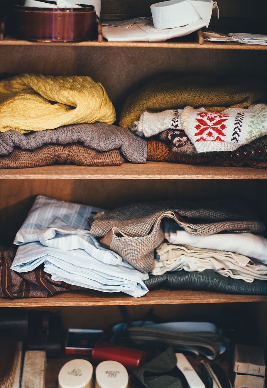 clothes lot on shelf, choice, variation, no people, large group of objects HD wallpaper