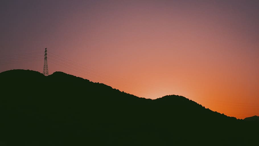 sunset, dusk, silhouette, mountains, hills, power lines, sky HD wallpaper