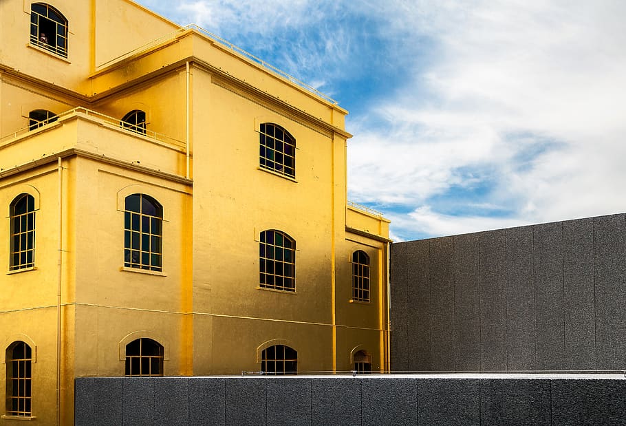 architecture, yellow, building, structure, blue, sky, clouds HD wallpaper