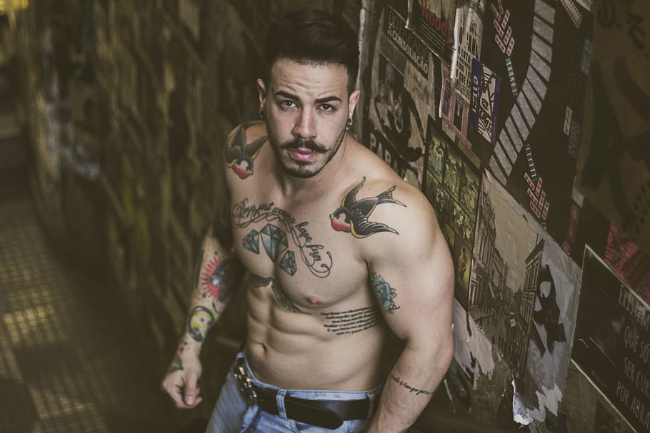 Man With Tattoos Standing Beside Wall, brawny, model, muscles