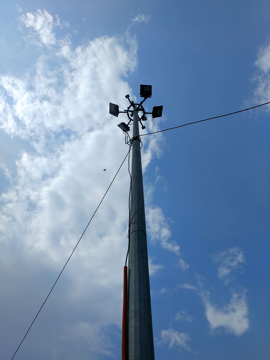 sky, clouds, blue, white, wires, pole, low angle view, cloud - sky HD wallpaper