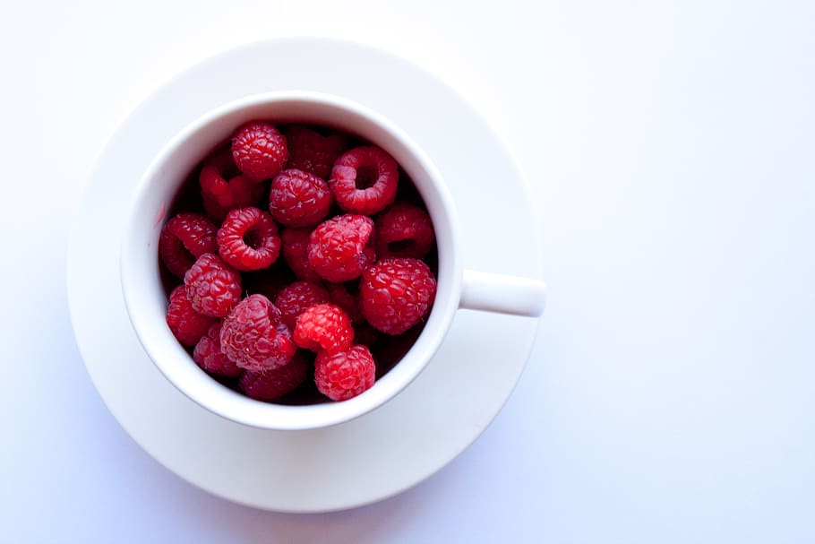 white, cup, raspberries, berry fruit, food, food and drink HD wallpaper