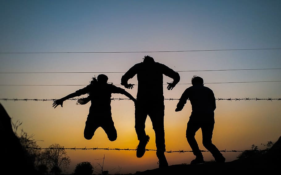 Three Person Silhouette Photo during Golden Hour, backlit, people HD wallpaper