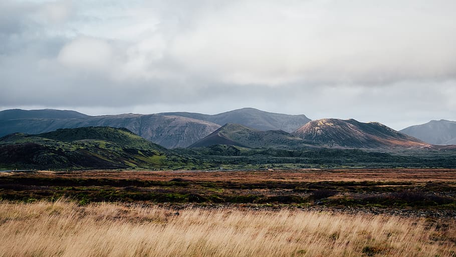 iceland, snaefellsnes, fields, mountains, reflief, sun, light, HD wallpaper