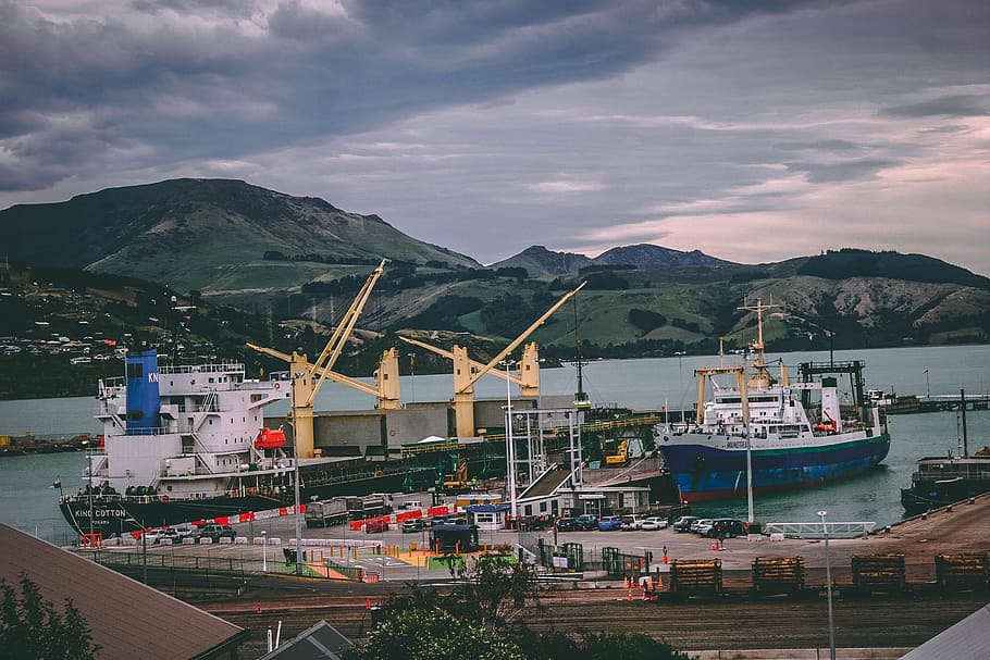 Ship on Body of Water, clouds, coast, cranes, daylight, dock HD wallpaper