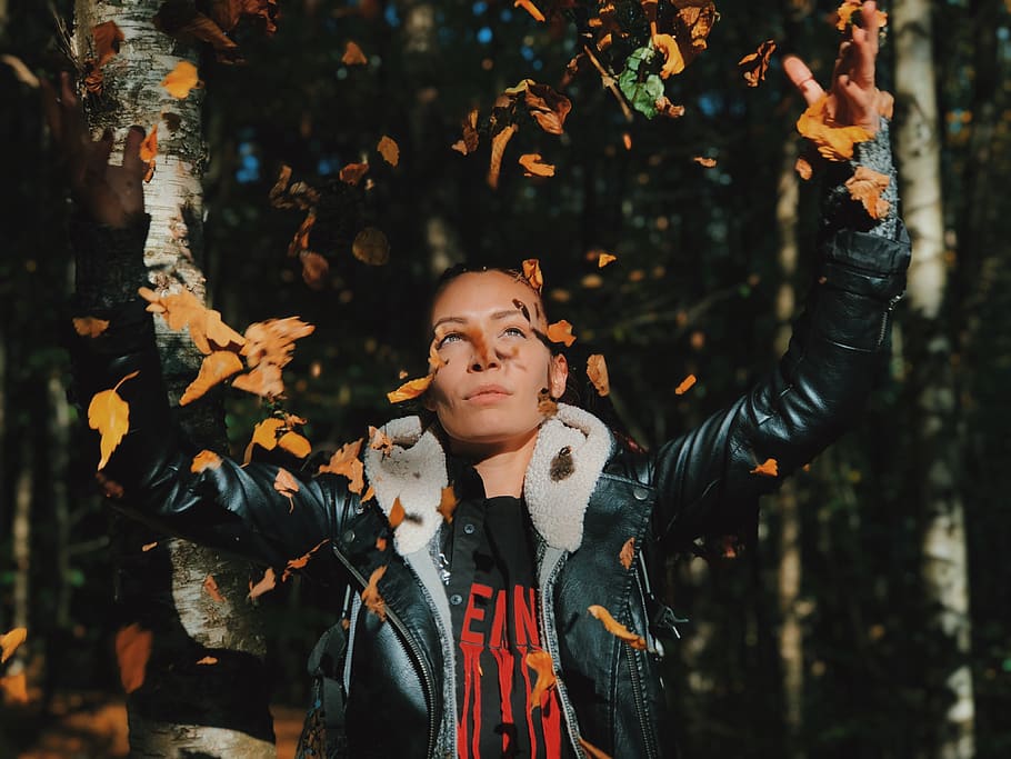 leaves, leather jacket, forest, attractive, nature, human, woman HD wallpaper