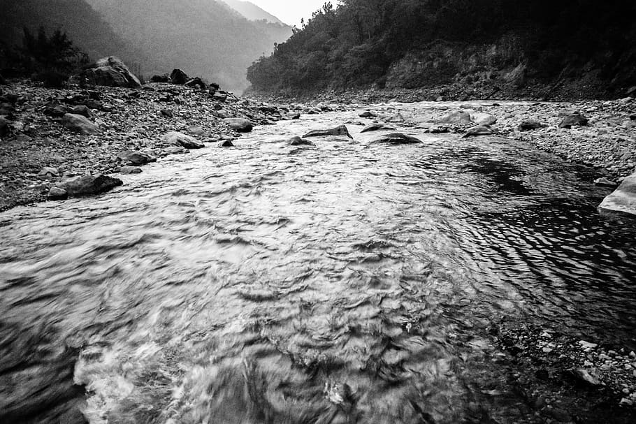 india, rishikesh, tributary, rocks, river, black, dark, ganga, HD wallpaper