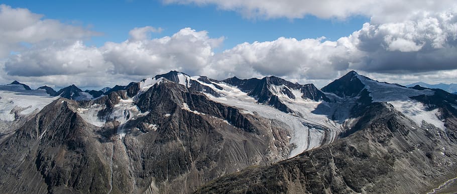 alps, mountains, panorama, cold, clouds, view, height, iceberg HD wallpaper