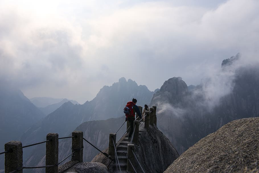man walking on stairs, outdoors, human, person, mountain, nature HD wallpaper