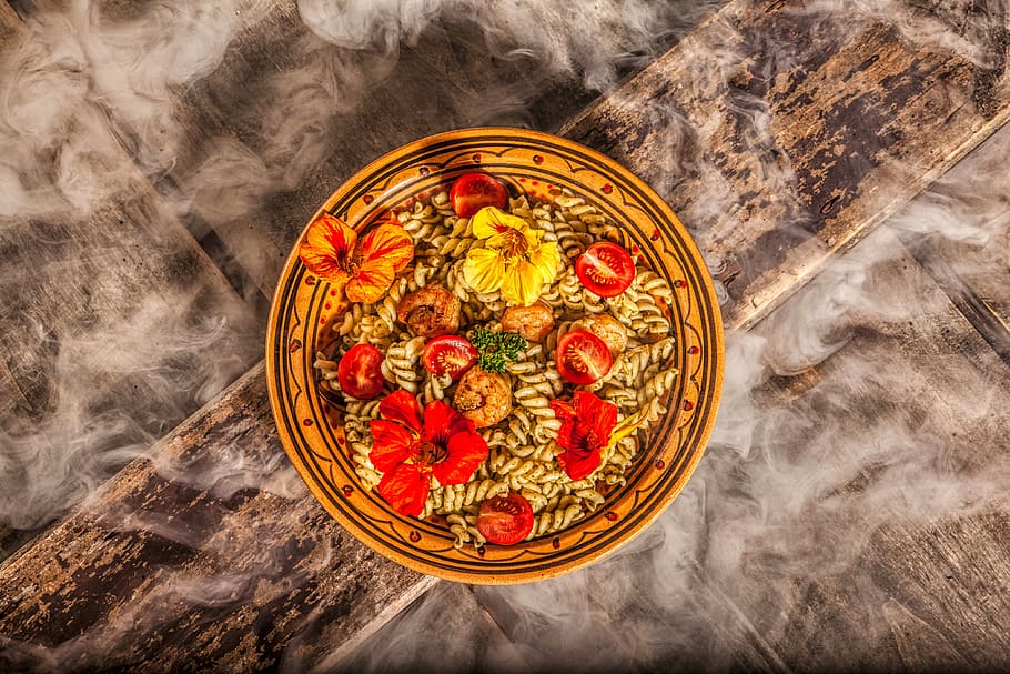 pasta with tomatoes, pattern, outdoors, nature, art, meal, food HD wallpaper