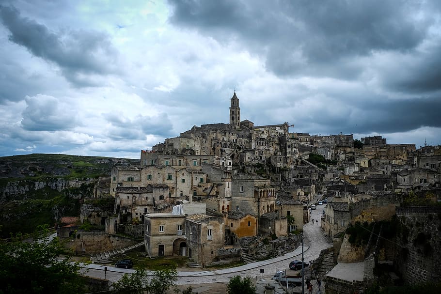 Gray Pavement Beside Brown Concrete Building, clouds, italy, matera HD wallpaper