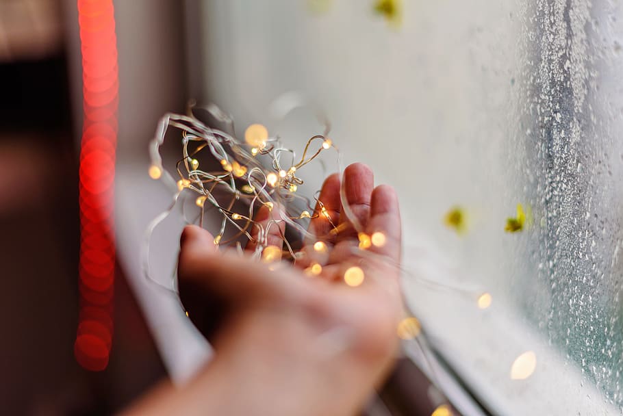 yellow string light, hand, fairy light, decor, interior design HD wallpaper