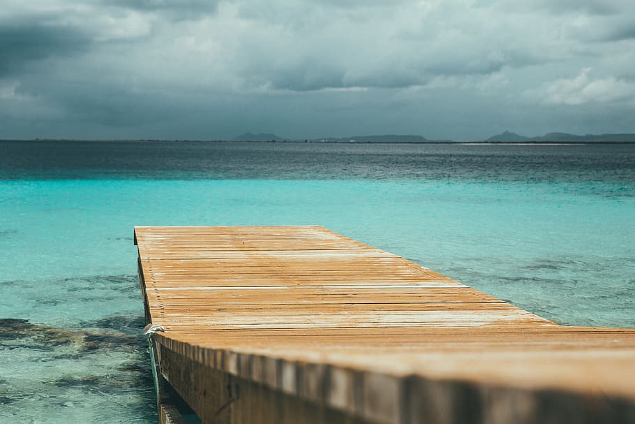 brown wooden dock, water, sea, wood - material, cloud - sky, tranquility HD wallpaper
