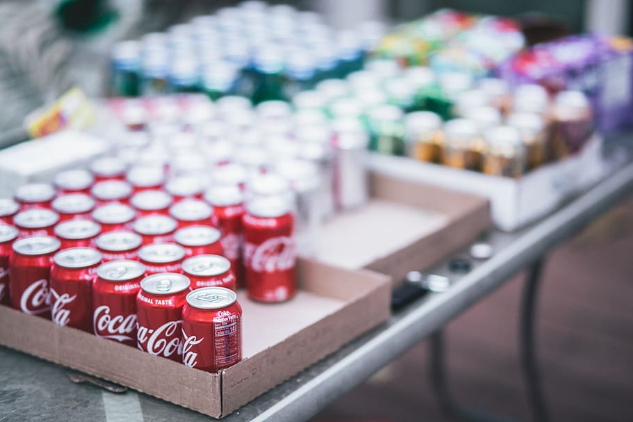 Selective Focus Photography of Red Coca-cola Can Lot on Box, beverage, HD wallpaper