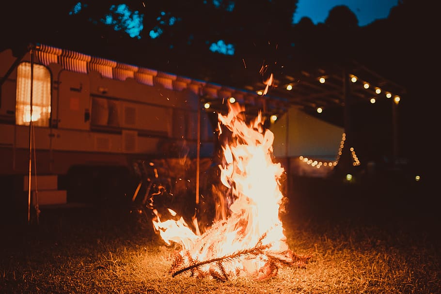 Bonfire during Nighttime, evening, flame, grass, hot, landscape HD wallpaper