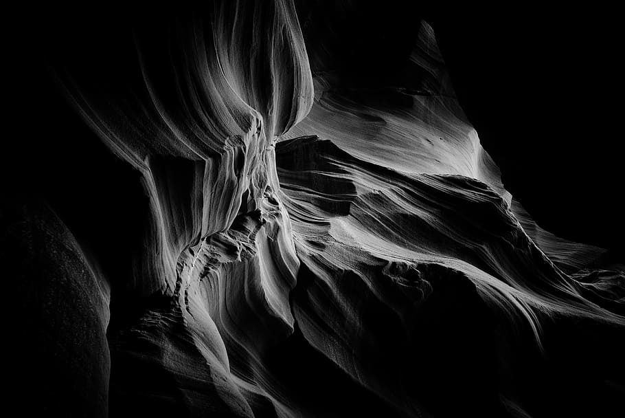 grey rock formation, black and white, moody, tones, light, canyon