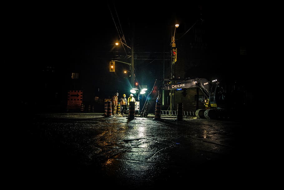 work, job, construction, city, machine, night, illuminated HD wallpaper