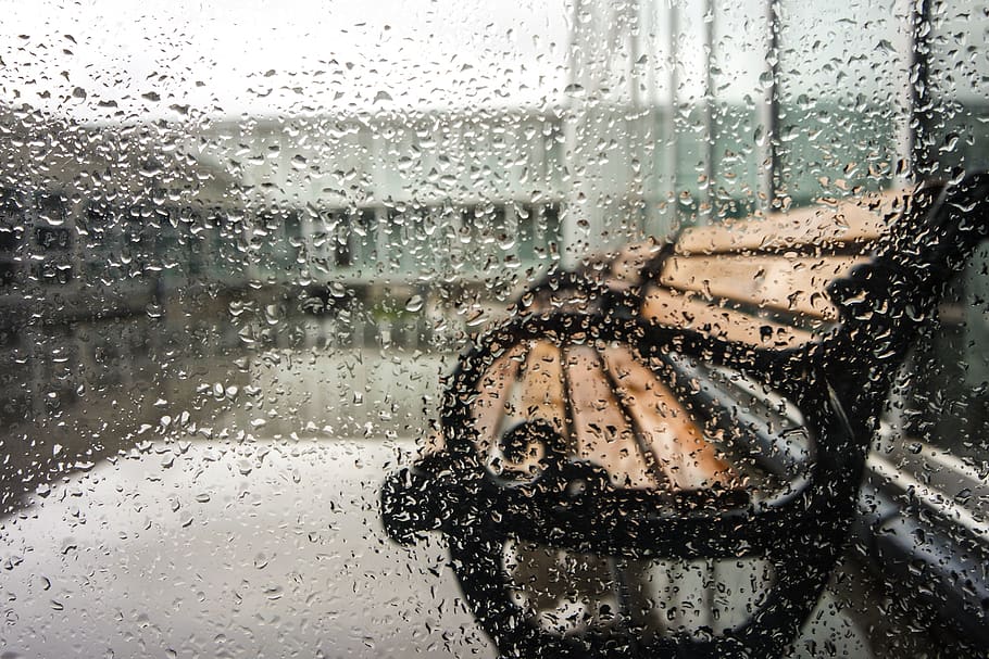 Brown Wooden Bench, glass, rain, raindrops, wet, window, glass - material HD wallpaper
