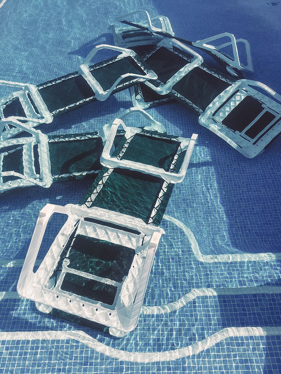 black-and-white inflatable beds on pool, swimming pool, blue HD wallpaper