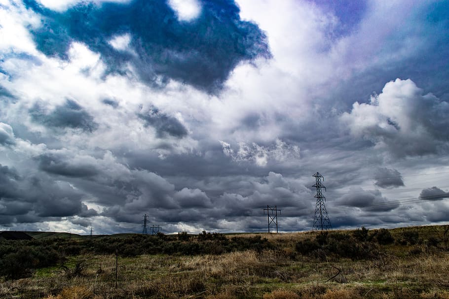 Photo of Landscape, blue sky, clouds, electric lines, environment HD wallpaper