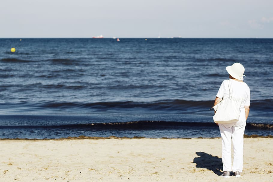 Photo of Woman Standing on Seashore, back, back view, beach, horizon HD wallpaper
