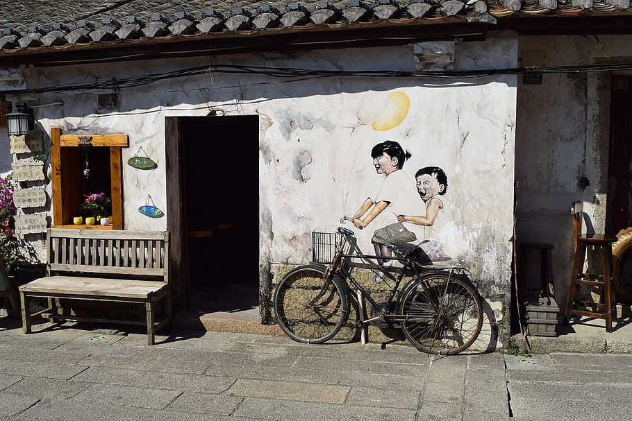 china, jiangmen, dapeng, bicycle, mural, banksy, wall painting, HD wallpaper