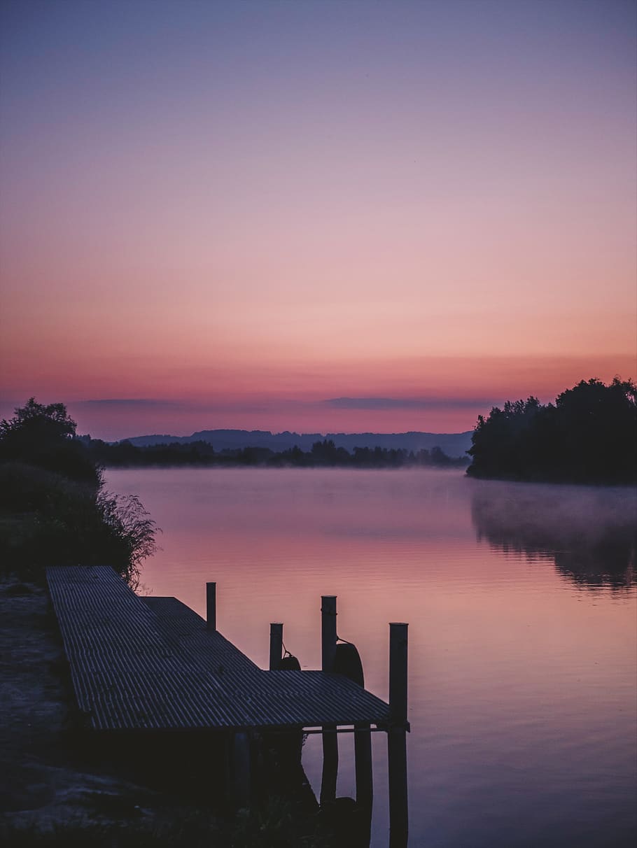 brown wooden dock, sunrise, sunset, chair, furniture, tree, forest HD wallpaper