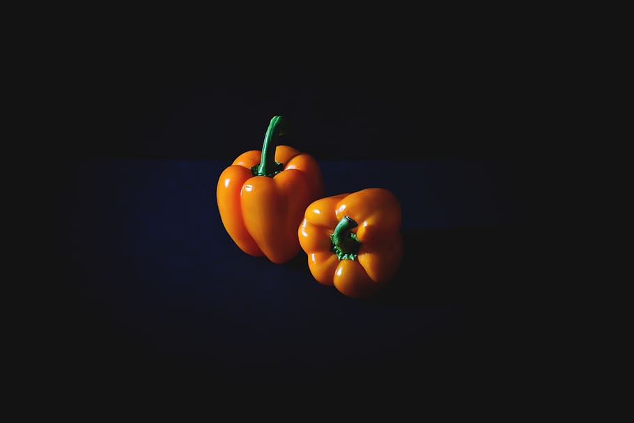 two orange bell peppers, food, food and drink, wellbeing, vegetable HD wallpaper