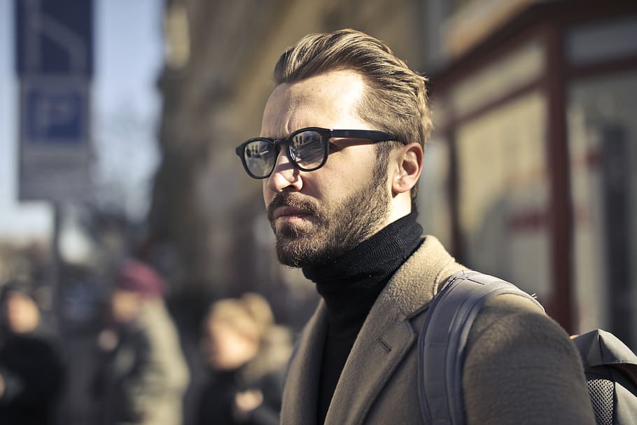 Man Wearing Eyeglasses, backpack, blur, blurred background, city HD wallpaper