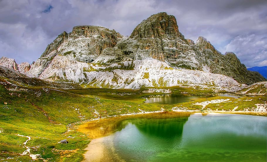 Green Body of Water, clouds, grass, landscape, mountains, nature HD wallpaper