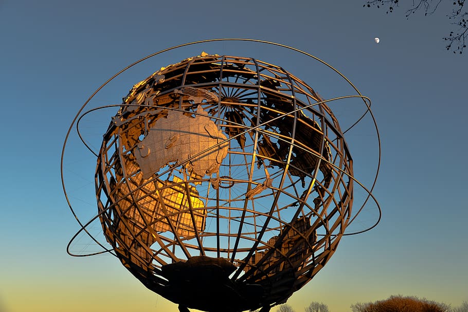 globe, world, sunset, metal globe, monument, sky, clear sky HD wallpaper