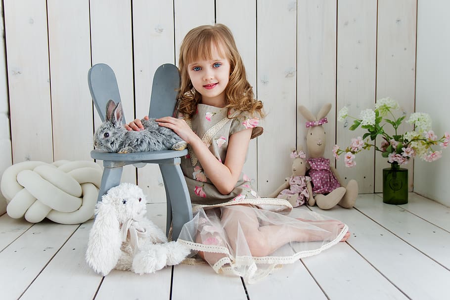 rabbit, hare, baby, girl, studio, toy, beautiful, cute, kids, HD wallpaper