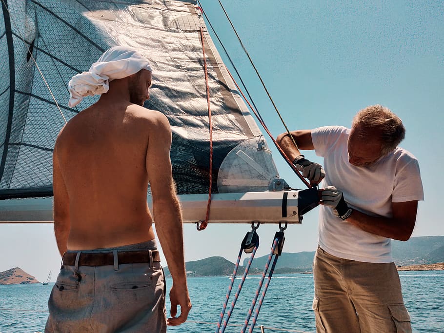 man fixing boat part, water, real people, nautical vessel, sea HD wallpaper