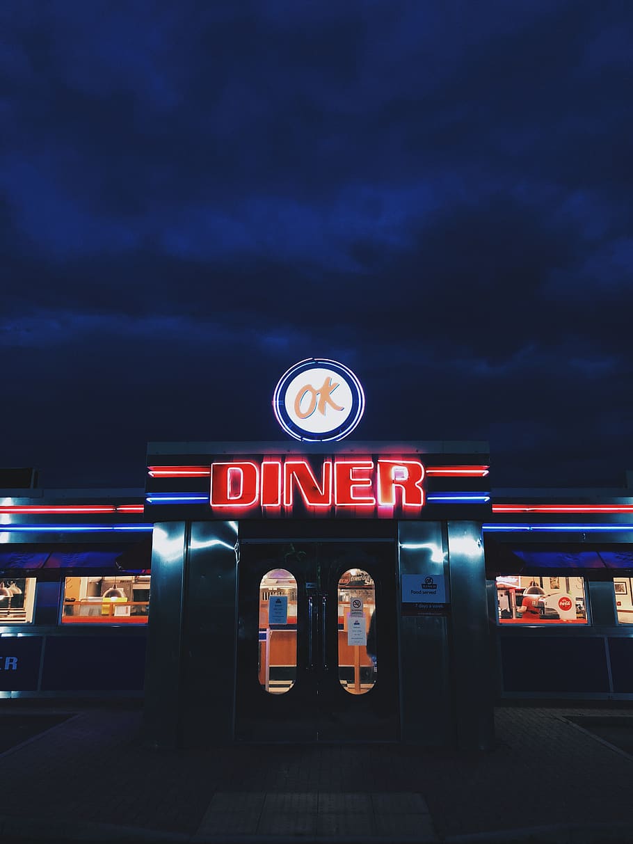 OK Diner LED sign, illuminated, night, communication, cloud - sky, HD wallpaper