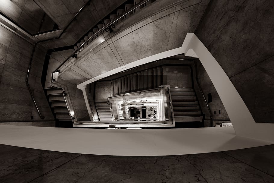 spiral staircase, banister, handrail, stairs sepia tone fuji fujifilm HD wallpaper