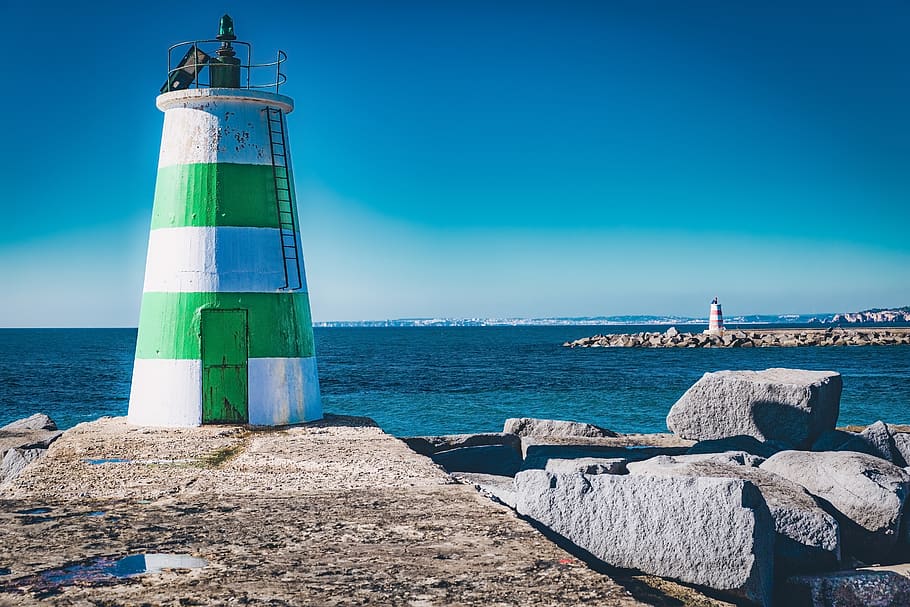 lighthouse, sun, sky, water, nature, beach, landscape, coast HD wallpaper