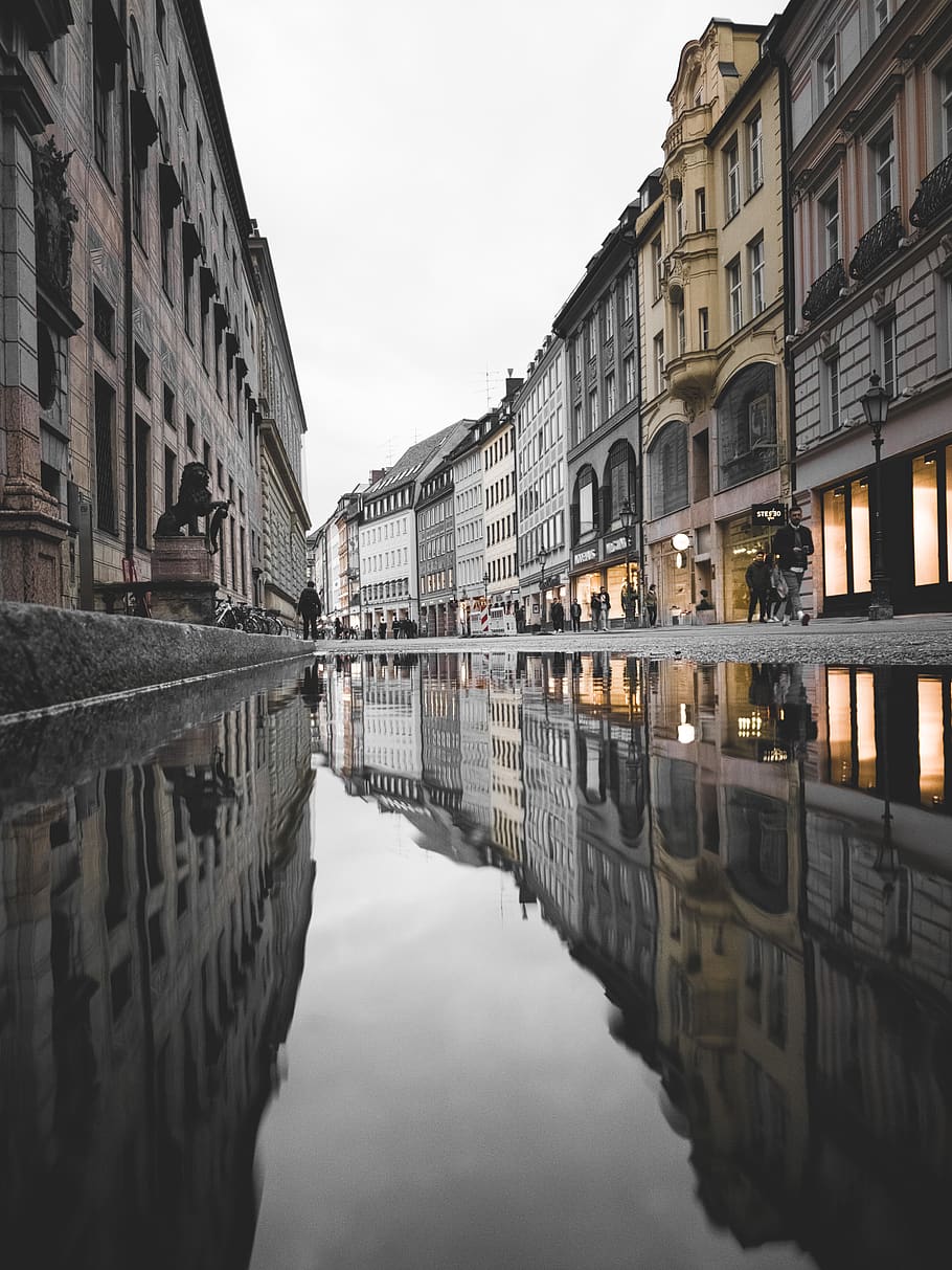 gray concrete building, reflection, water, building exterior HD wallpaper