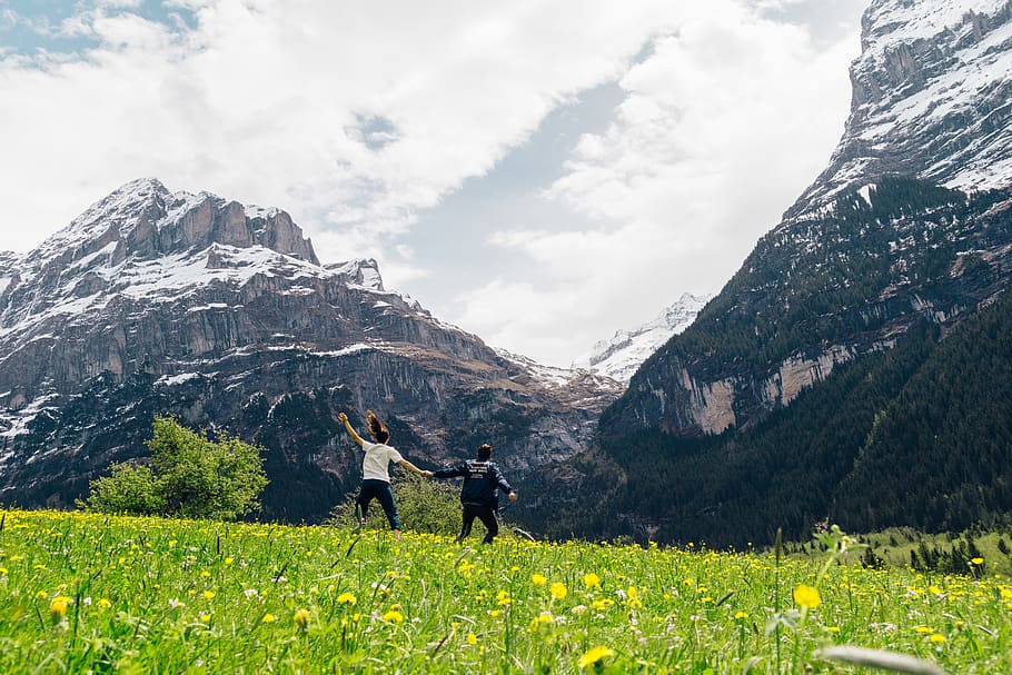 Green Grass Near Mountain, clouds, cloudy, couple, daylight, environment HD wallpaper