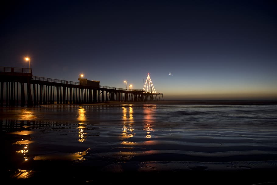 Dock and Shore Photo, beach, bridge, dark, dawn, evening, jetty HD wallpaper