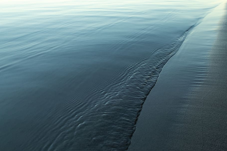 black sand seashore, water, outdoors, ripple, grey, sky, horizon HD wallpaper