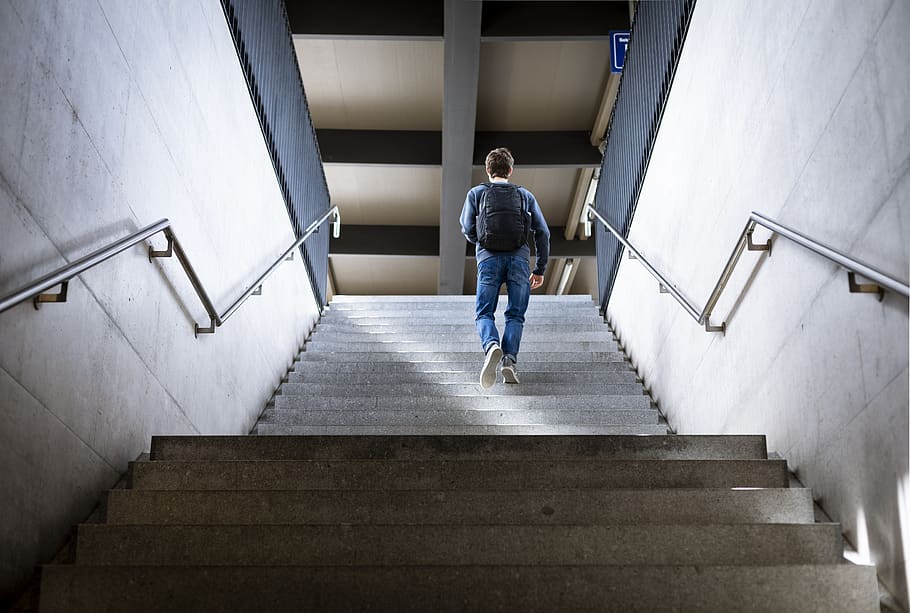 man climbing upstairs, handrail, banister, clothing, jeans, denim, HD wallpaper