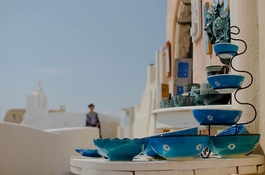 greece, santorini, focus on foreground, sky, incidental people HD wallpaper