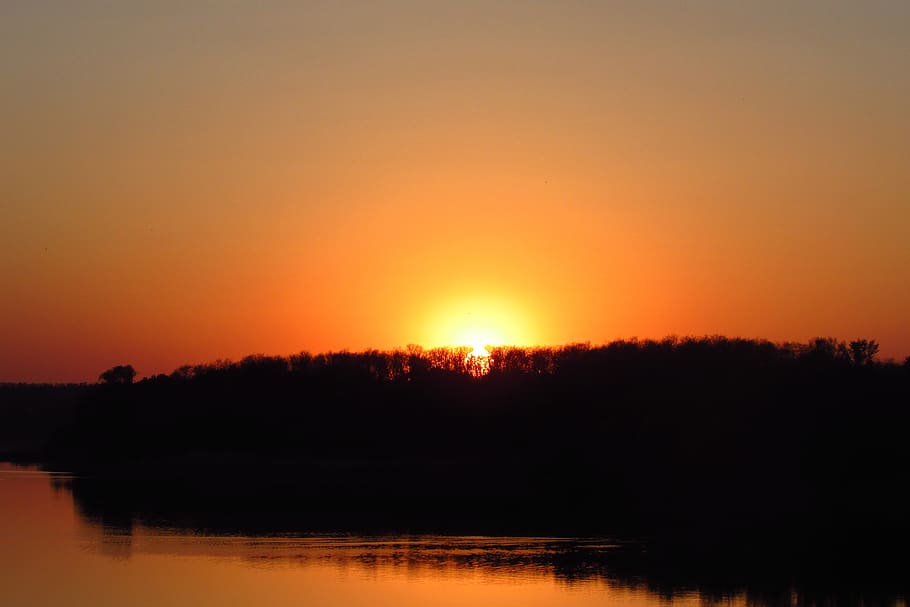 sunset, river, landscape, sky, nature, water, tranquility, silhouette, HD wallpaper